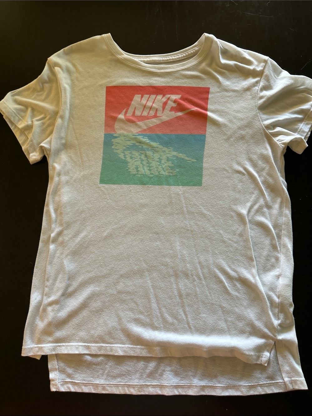 Nike White Tee with Red and Teal Block Graphic